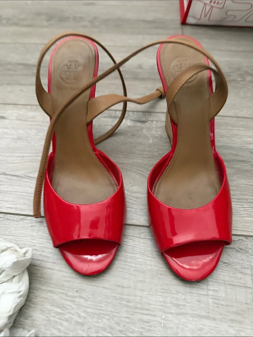 Tory Burch Red Patent Leather Open-Toe Slingbacks with Tan Straps